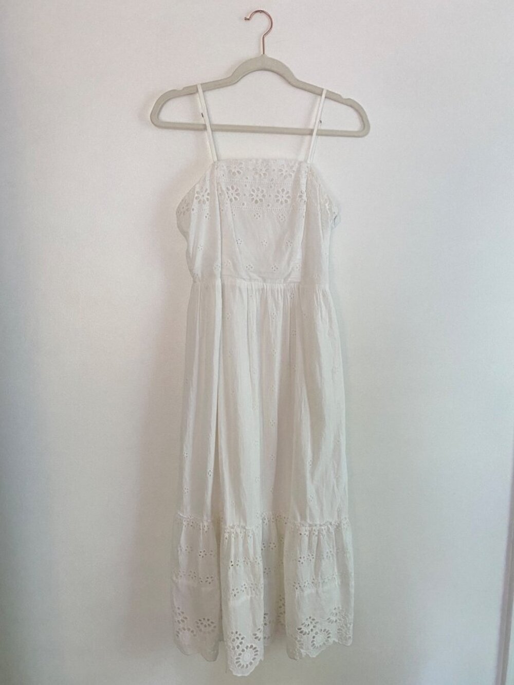 White Eyelet Cotton Midi Dress With Smocked Back Straps Size L - Picture 2 of 7